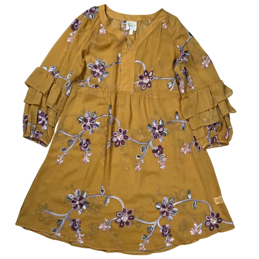 Fig and Flower Floral Embroidered Tunic Dress Womens Small‎ Mustard Sheer Ruffle
